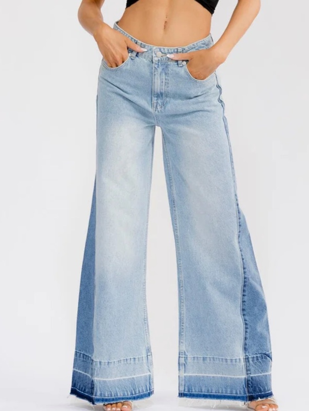 Light Wash Two-Tone Wide Leg Jeans - Women